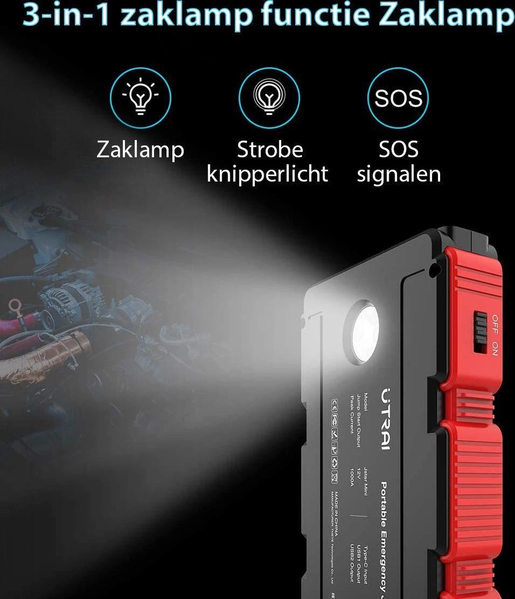 UTRAI - Jump Starter Auto - Batterij 13000mAh - 1000A - Smart-Clip Power Bank Met Batterij Detectie Voor 12V - Auto Booster Jumpstarter Mini 8 UTRAI - Jump Starter Auto - Batterij 13000mAh - 1000A - Smart-Clip Power Bank Met Batterij Detectie Voor 12V - Auto Booster Jumpstarter Mini - Afbeelding 6