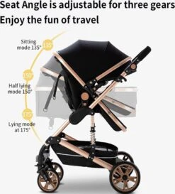 Luxe Kinderwagen 3 In 1 - Wandelwagen - Kinderwagen 3-in-1 Incl Autostoel - Kinderwagen Maxi Cosi – Buggy 3 In 1 - Newborn - Zwart/goud -Babyproducten 1084x1200 4