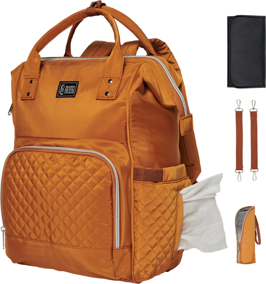NanaBeebi Luiertas Rugzak Met Verschoonmatje - Cognac - Inclusief Flessenwarmhouder - Kinderwagenhaken En Isoleervak 3 NanaBeebi Luiertas Rugzak Met Verschoonmatje - Cognac - Inclusief Flessenwarmhouder - Kinderwagenhaken En Isoleervak