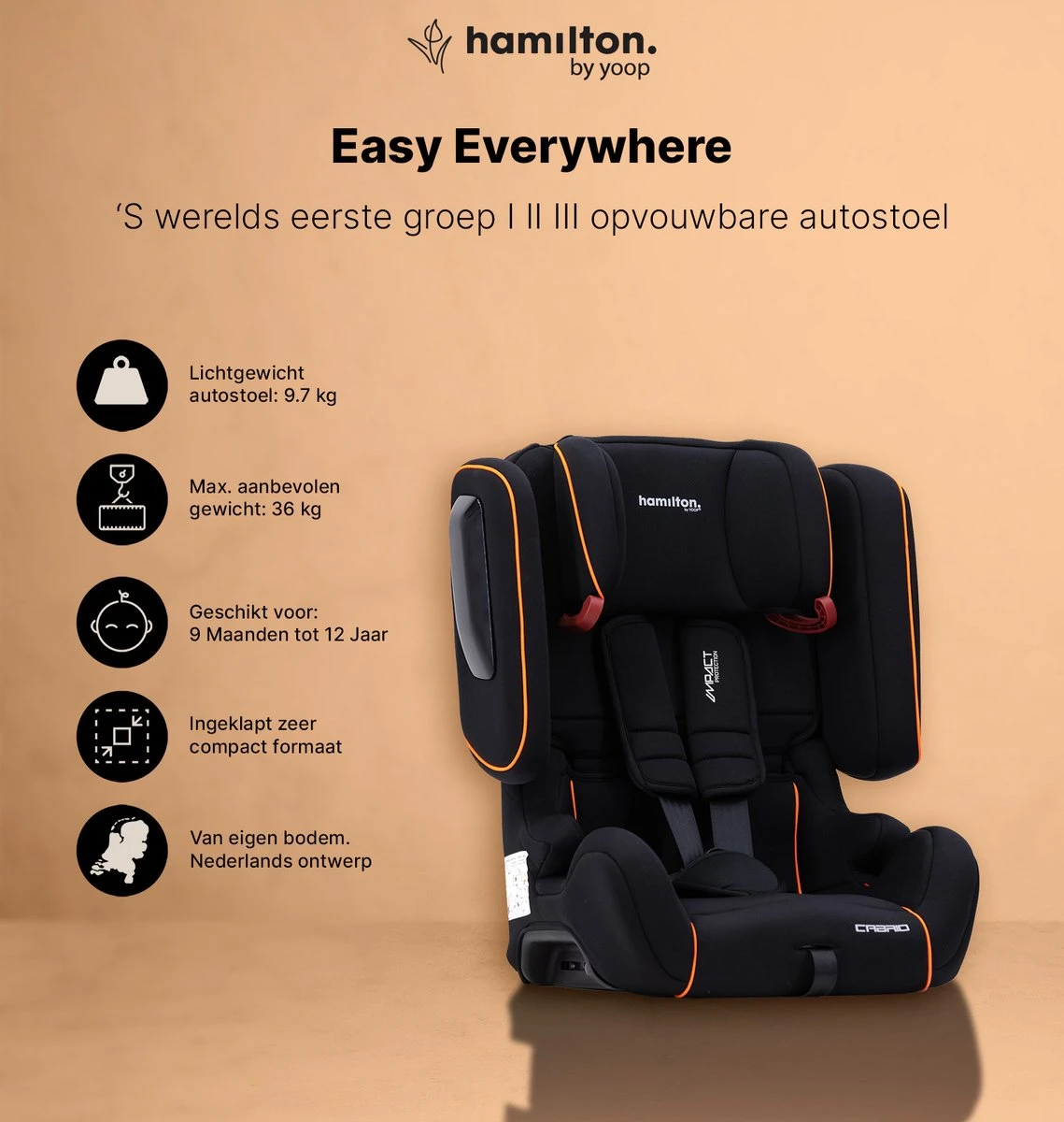 Hamilton By Yoop Cabrio Premium Opvouwbare Autostoel – Veilig, Comfortabel En Lichtgewicht Autozitje – Groep I, II, III Autostoeltje Voor 9 Maanden Tot 12 Jaar – Neon Oranje – ISOFIX Kliksysteem - 1e Opvouwbare Autostoel Ter Wereld 4 Hamilton By Yoop Cabrio Premium Opvouwbare Autostoel – Veilig, Comfortabel En Lichtgewicht Autozitje – Groep I, II, III Autostoeltje Voor 9 Maanden Tot 12 Jaar – Neon Oranje – ISOFIX Kliksysteem - 1e Opvouwbare Autostoel Ter Wereld - Afbeelding 2