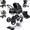 Bronea EXQUISE Luxe Multi-functionele Kinderwagen 3 In 1 | Zwart / Silver | Incl. MATRAS, Buggy, Autostoel, Luiertas, Regenhoes, Voetenwarmer, Muggen Net & Zonneklep -Babyproducten 1172x1200