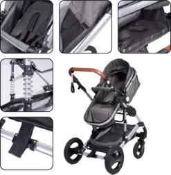 Bronea EXQUISE Luxe Multi-functionele Kinderwagen 3 In 1 | Zwart / Silver | Incl. MATRAS, Buggy, Autostoel, Luiertas, Regenhoes, Voetenwarmer, Muggen Net & Zonneklep -Babyproducten 1178x1200 2