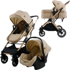 Ding Juna Kinderwagen 3 In 1 - Beige/Rose - Combi Kinderwagen Incl. Autostoel