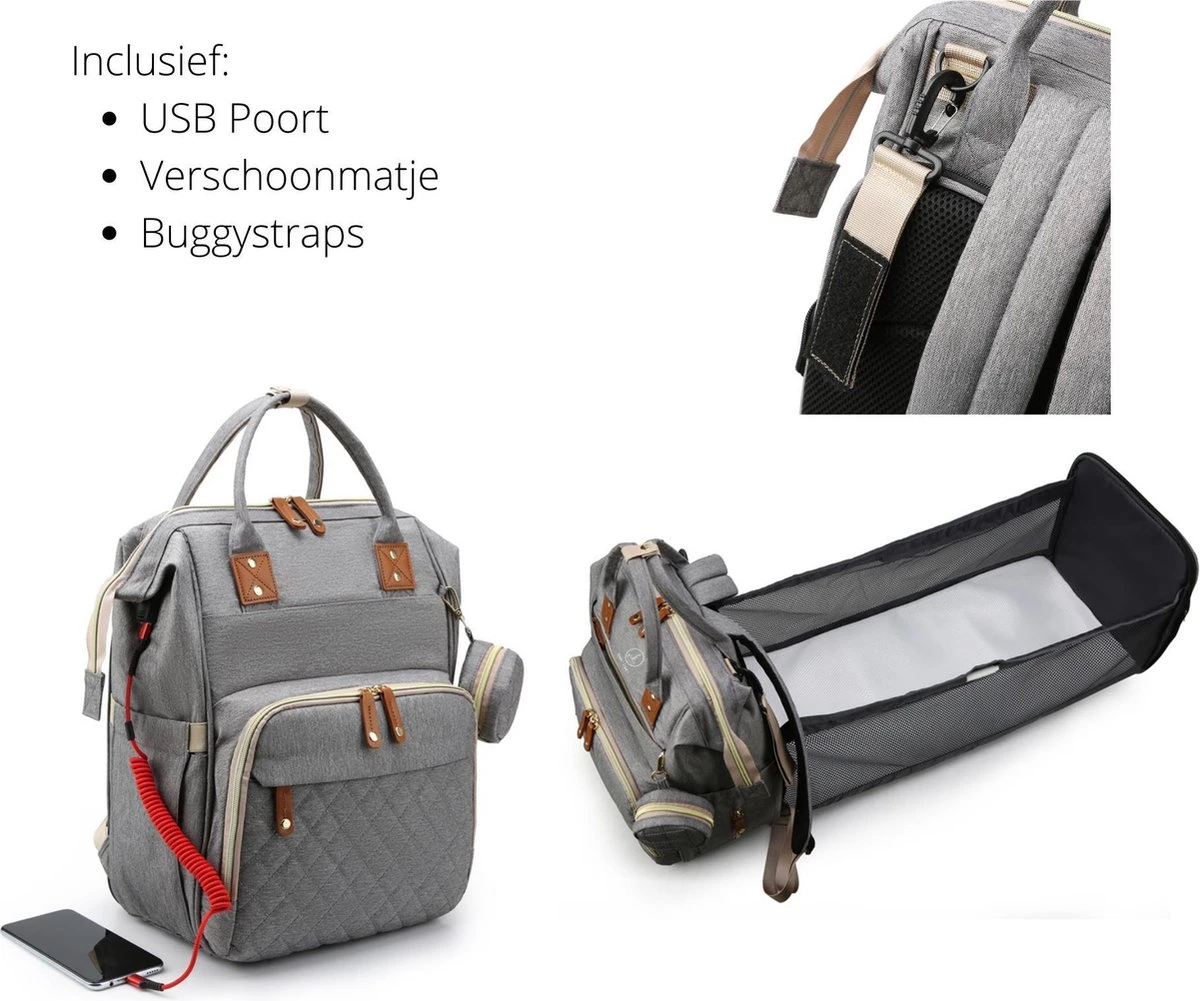 Humpy Dumpy Stijlvolle Luiertas Rugzak (Zwart) Met Uitschuifbaar Verschoon/ Slaap Bedje. Incl. Verschoon Matje, USB Poort & Buggy Straps 6 Humpy Dumpy Stijlvolle Luiertas Rugzak (Zwart) Met Uitschuifbaar Verschoon/ Slaap Bedje. Incl. Verschoon Matje, USB Poort & Buggy Straps - Afbeelding 4