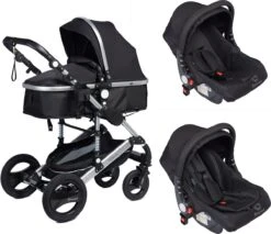 Bronea EXQUISE Luxe Multi-functionele Kinderwagen 3 In 1 | Zwart / Silver | Incl. MATRAS, Buggy, Autostoel, Luiertas, Regenhoes, Voetenwarmer, Muggen Net & Zonneklep -Babyproducten 1200x1036 2
