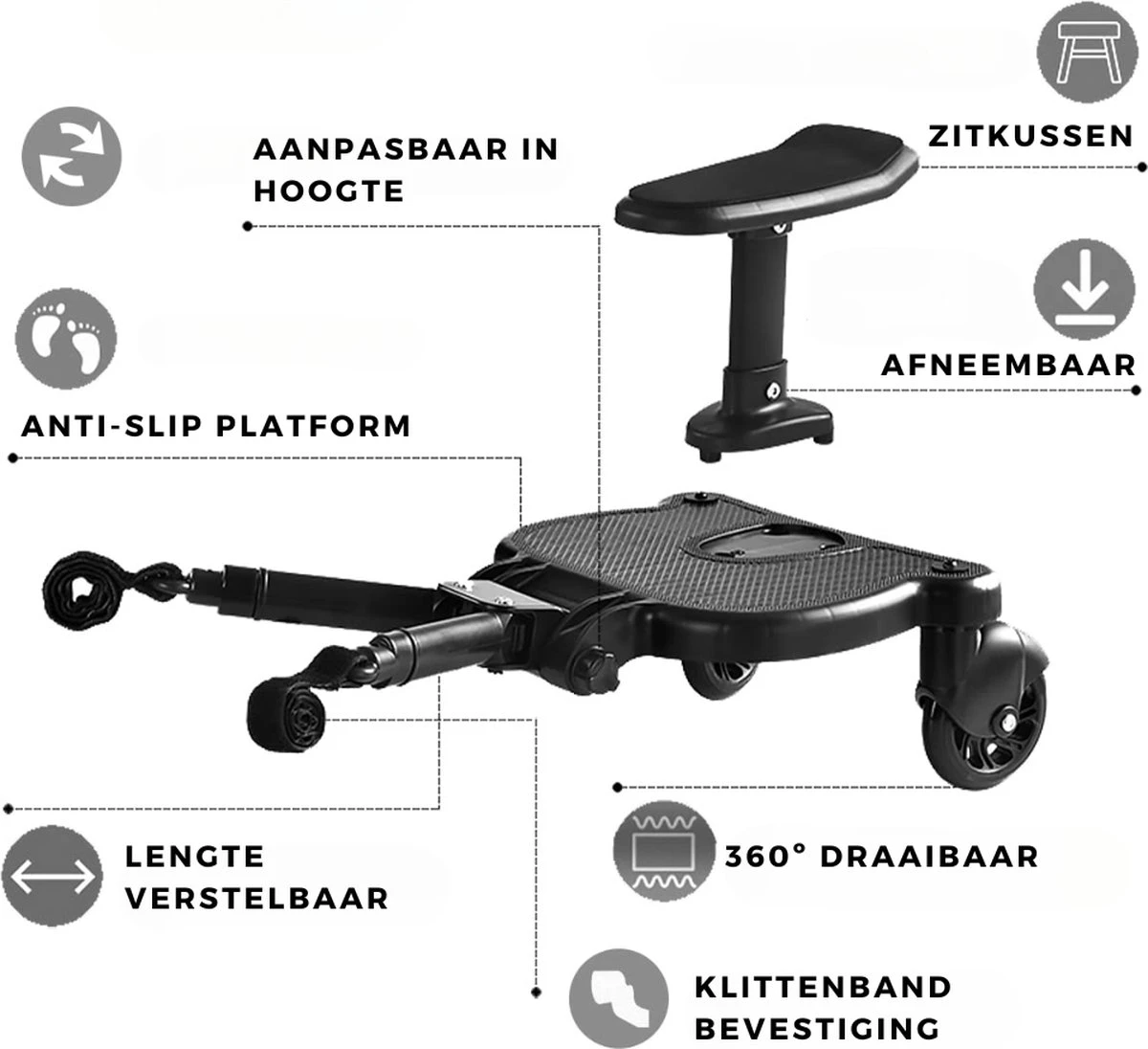 Merkloos Kinderwagen/Buggy Meerijdplankje - Kant & Klaar - In Elkaar Gezet - Universeel – Met Zitje – Verstelbaar – Zwart 5 Merkloos Kinderwagen/Buggy Meerijdplankje - Kant & Klaar - In Elkaar Gezet - Universeel – Met Zitje – Verstelbaar – Zwart - Afbeelding 3