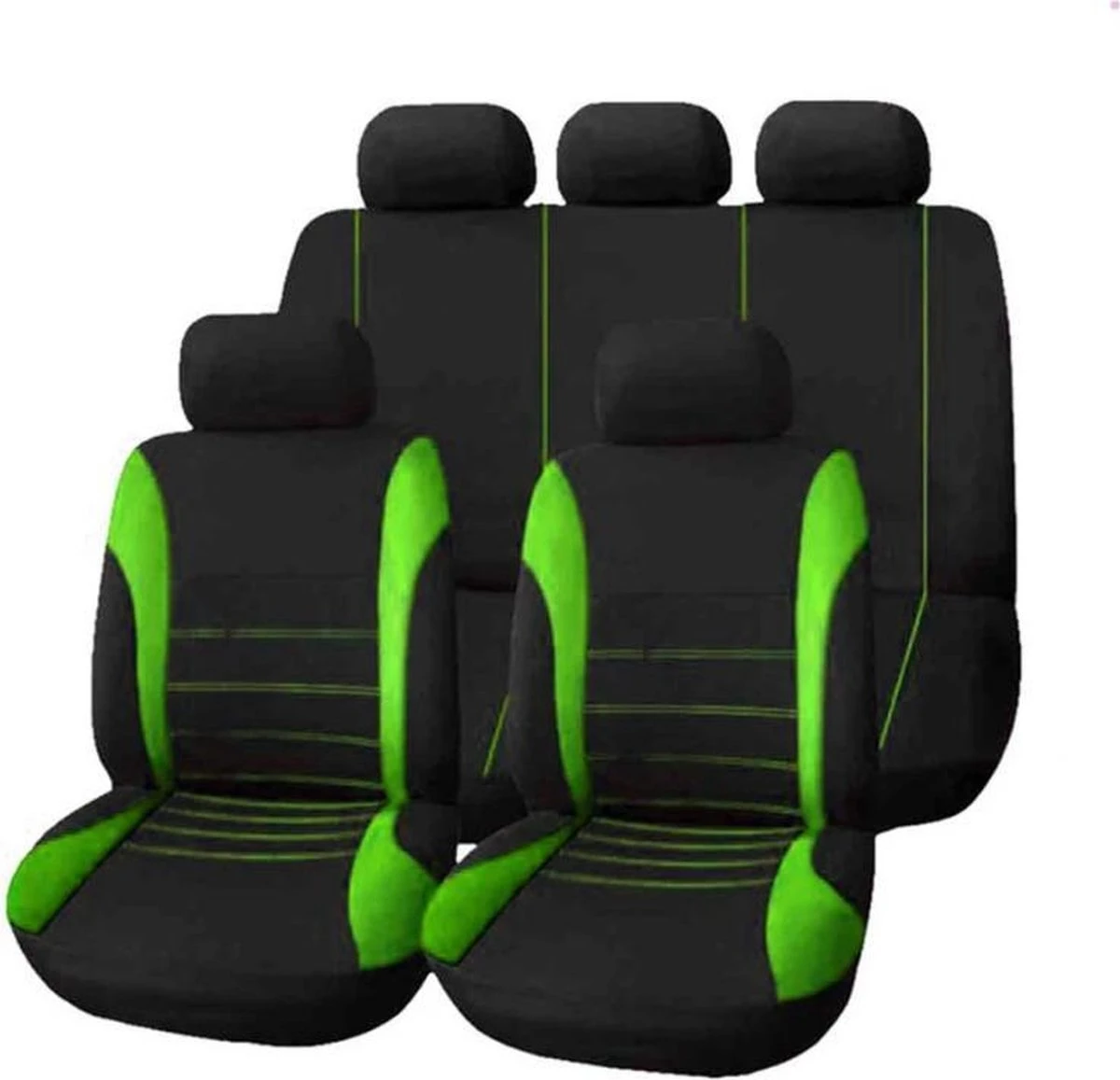 Volledige Set Autostoelhoezen - Universeel - Zwart/Groen - 9 Stuks 3 Volledige Set Autostoelhoezen - Universeel - Zwart/Groen - 9 Stuks