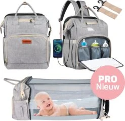 Vulpes BabyCare® Luiertas Rugzak - Luiertassen Met Babybed - Grote Luiertas Met Wieg- Luiertas Verzorgingstas Met Babybedje - Verzorgingsrugzak - Grijs