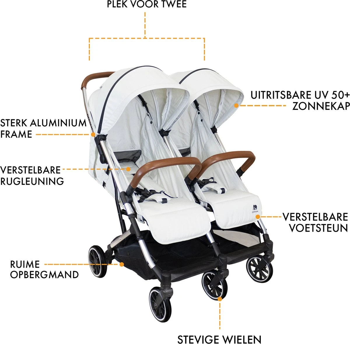 Deryan Luxe Rolo X2 Dubbele Buggy - Duo Buggy - Creme 14 Deryan Luxe Rolo X2 Dubbele Buggy - Duo Buggy - Creme - Afbeelding 12