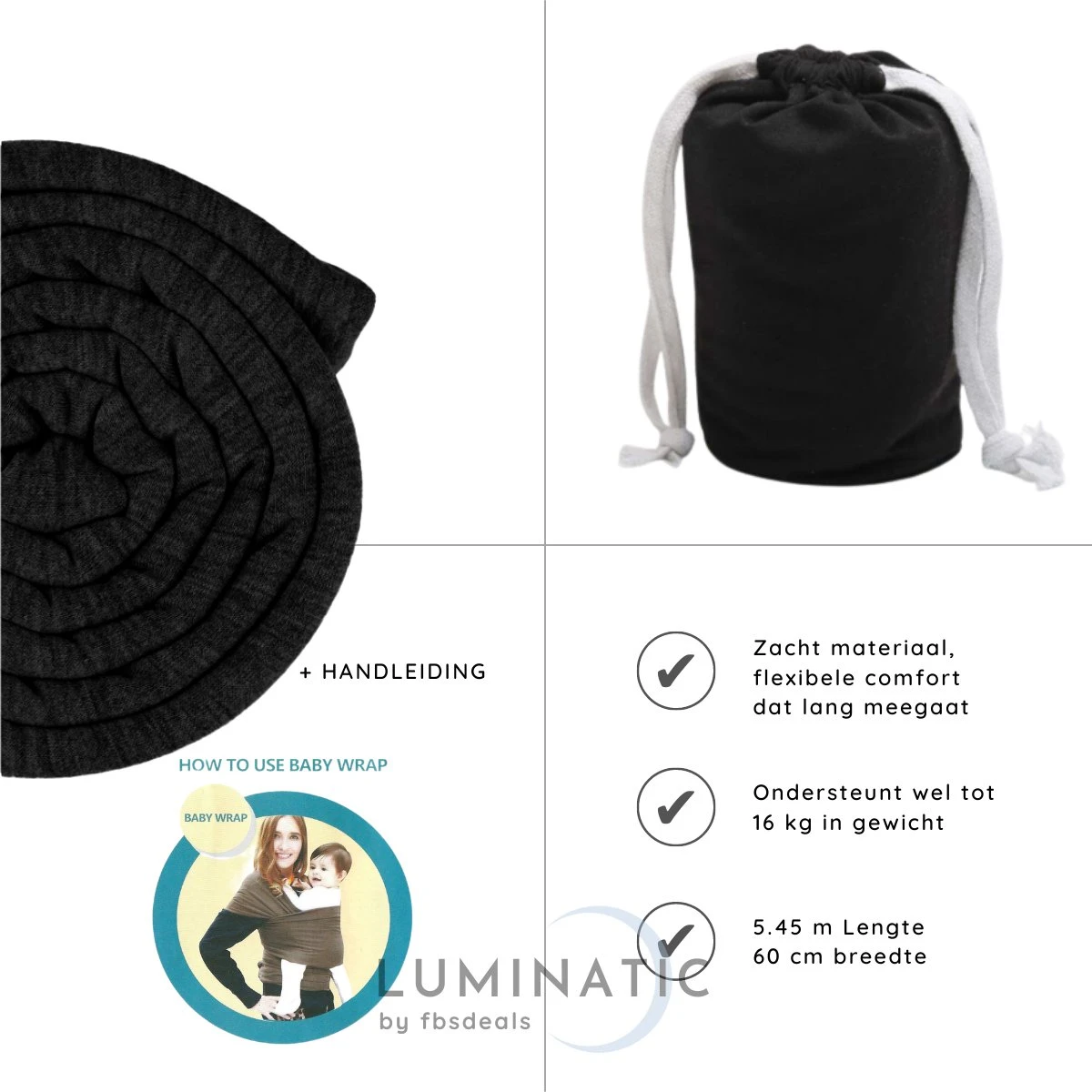 Baby Draagdoek - Babywrap - Baby Carrier - Babydrager - Buikdrager Baby – Baby Draagzak - Baby Sling | Luminatic® | Ergonomisch | Met Tasje | Zwart 7 Baby Draagdoek - Babywrap - Baby Carrier - Babydrager - Buikdrager Baby – Baby Draagzak - Baby Sling | Luminatic® | Ergonomisch | Met Tasje | Zwart - Afbeelding 5