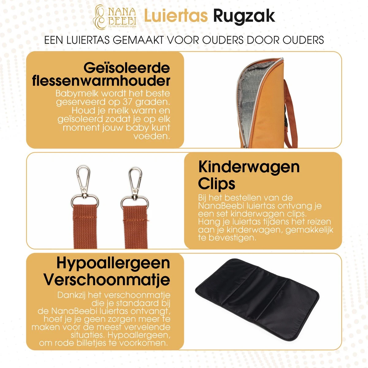 NanaBeebi Luiertas Rugzak Met Verschoonmatje - Cognac - Inclusief Flessenwarmhouder - Kinderwagenhaken En Isoleervak 4 NanaBeebi Luiertas Rugzak Met Verschoonmatje - Cognac - Inclusief Flessenwarmhouder - Kinderwagenhaken En Isoleervak - Afbeelding 2