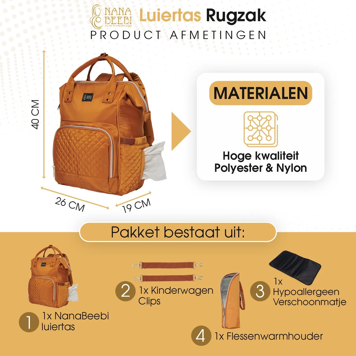 NanaBeebi Luiertas Rugzak Met Verschoonmatje - Cognac - Inclusief Flessenwarmhouder - Kinderwagenhaken En Isoleervak 5 NanaBeebi Luiertas Rugzak Met Verschoonmatje - Cognac - Inclusief Flessenwarmhouder - Kinderwagenhaken En Isoleervak - Afbeelding 3