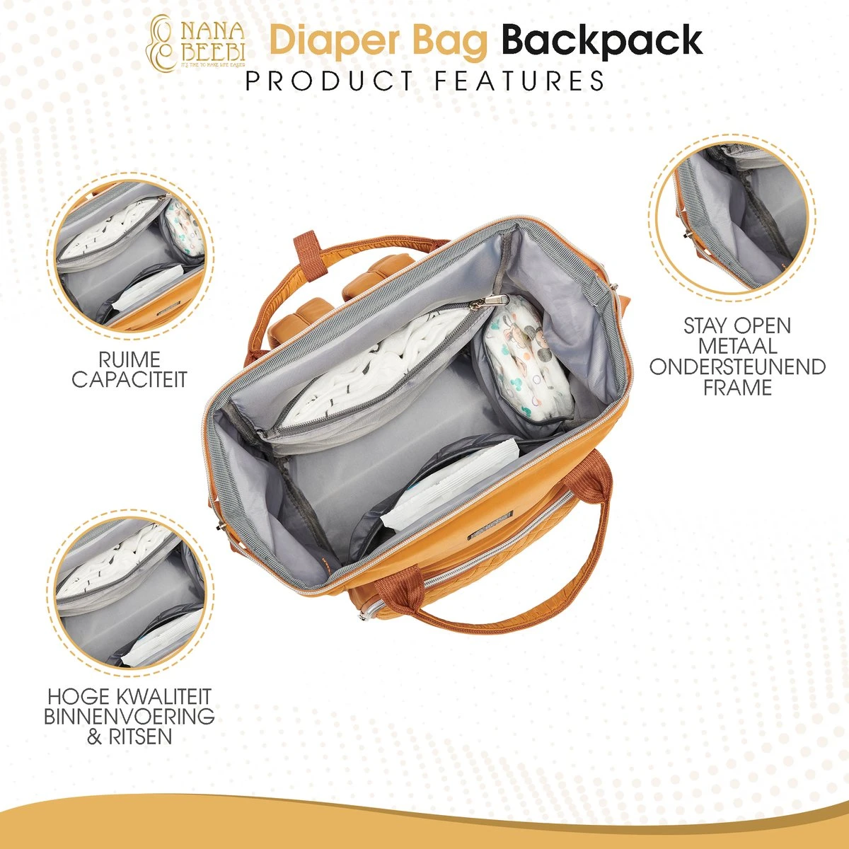 NanaBeebi Luiertas Rugzak Met Verschoonmatje - Cognac - Inclusief Flessenwarmhouder - Kinderwagenhaken En Isoleervak 9 NanaBeebi Luiertas Rugzak Met Verschoonmatje - Cognac - Inclusief Flessenwarmhouder - Kinderwagenhaken En Isoleervak - Afbeelding 7