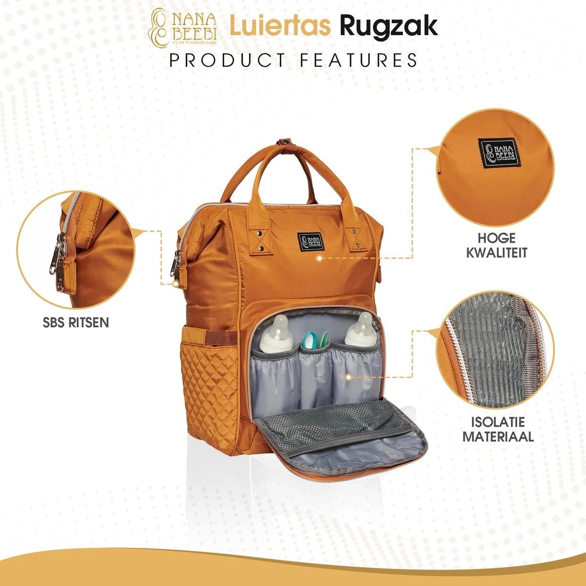 NanaBeebi Luiertas Rugzak Met Verschoonmatje - Cognac - Inclusief Flessenwarmhouder - Kinderwagenhaken En Isoleervak 10 NanaBeebi Luiertas Rugzak Met Verschoonmatje - Cognac - Inclusief Flessenwarmhouder - Kinderwagenhaken En Isoleervak - Afbeelding 8