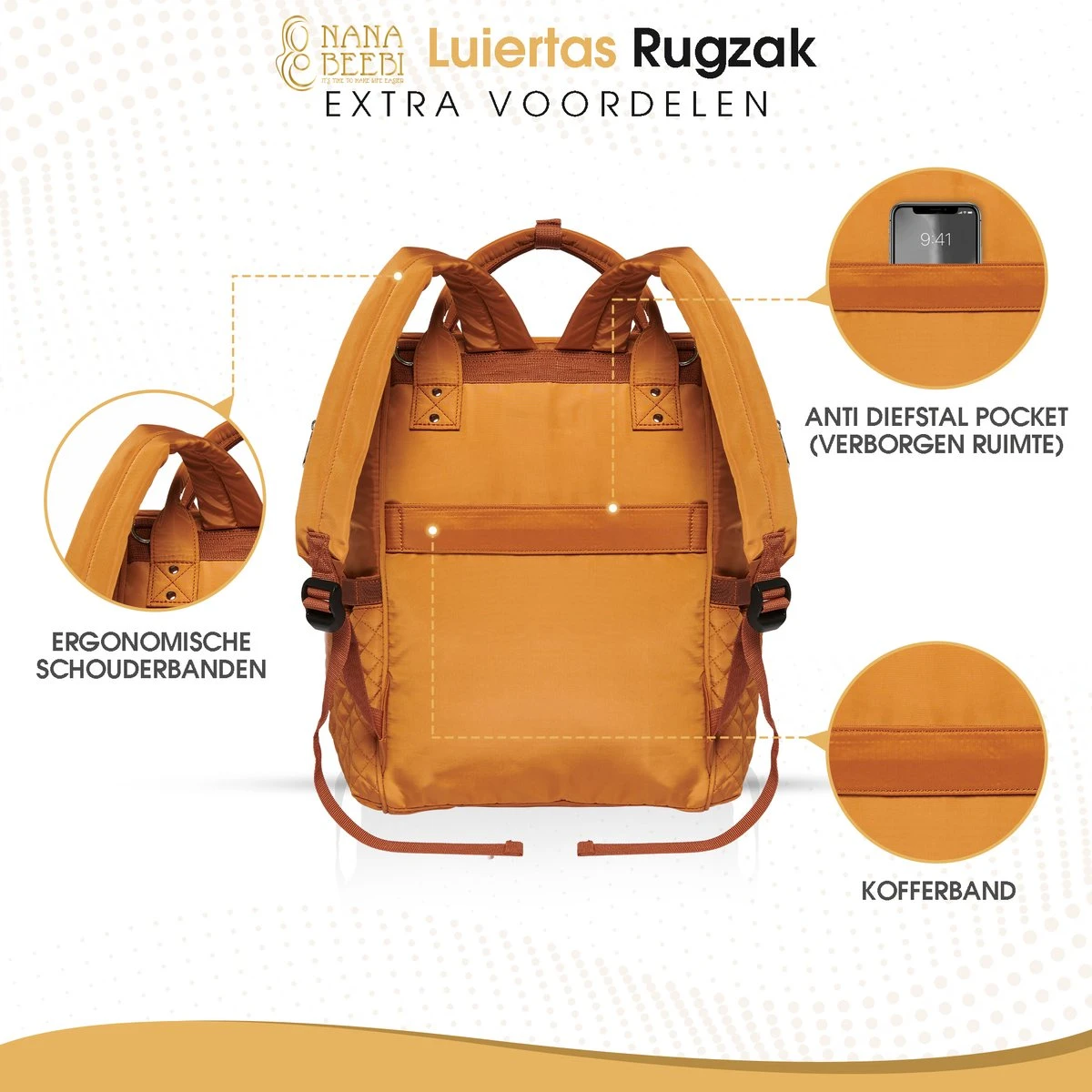 NanaBeebi Luiertas Rugzak Met Verschoonmatje - Cognac - Inclusief Flessenwarmhouder - Kinderwagenhaken En Isoleervak 11 NanaBeebi Luiertas Rugzak Met Verschoonmatje - Cognac - Inclusief Flessenwarmhouder - Kinderwagenhaken En Isoleervak - Afbeelding 9