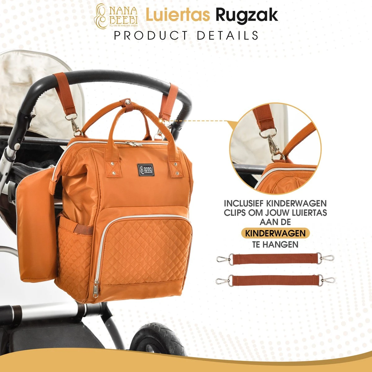 NanaBeebi Luiertas Rugzak Met Verschoonmatje - Cognac - Inclusief Flessenwarmhouder - Kinderwagenhaken En Isoleervak 12 NanaBeebi Luiertas Rugzak Met Verschoonmatje - Cognac - Inclusief Flessenwarmhouder - Kinderwagenhaken En Isoleervak - Afbeelding 10