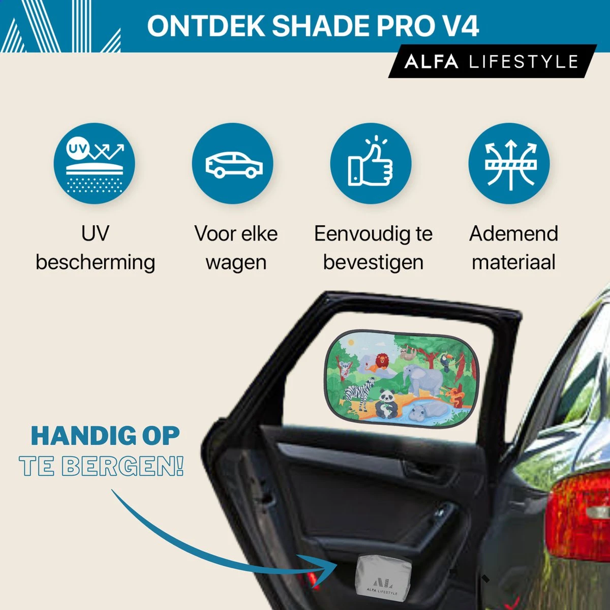 ALFA LIFESTYLE® Statische Zonneschermen – SHADE PRO V4- Jungle – Zonnescherm Auto Baby – UV Protectie Bescherming - 2 Stuks 6 ALFA LIFESTYLE® Statische Zonneschermen – SHADE PRO V4- Jungle – Zonnescherm Auto Baby – UV Protectie Bescherming - 2 Stuks - Afbeelding 4