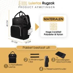 NanaBeebi Luiertas Rugzak Met Verschoonmatje - Zwart - Inclusief Flessenwarmhouder - Kinderwagenhaken En Isoleervak -Babyproducten 1200x1200 1662