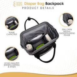 NanaBeebi Luiertas Rugzak Met Verschoonmatje - Zwart - Inclusief Flessenwarmhouder - Kinderwagenhaken En Isoleervak -Babyproducten 1200x1200 1663