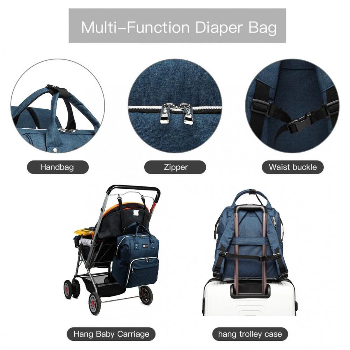Miss Lulu Luiertas Rugzak - Luiertas Met USB Oplaadstation - Baby Tas Inclusief Buggy En Kinderwagen Haken - Blauw (E6705USB NY) 6 Miss Lulu Luiertas Rugzak - Luiertas Met USB Oplaadstation - Baby Tas Inclusief Buggy En Kinderwagen Haken - Blauw (E6705USB NY) - Afbeelding 4