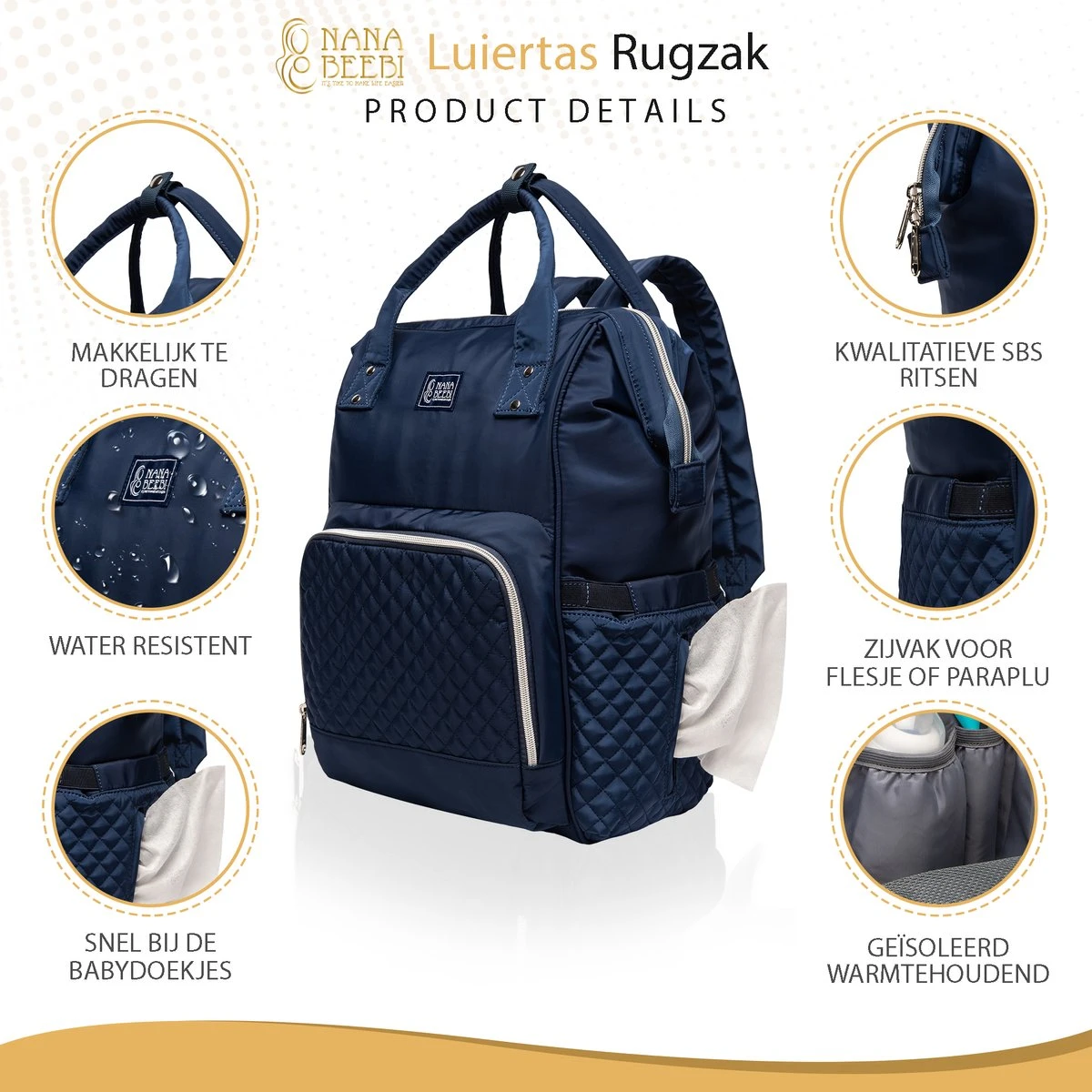 NanaBeebi Luiertas - Rugzak - Met Isoleervak - Blauw- Inclusief Flessenwarmhouder En Kinderwagenhaken 4 NanaBeebi Luiertas - Rugzak - Met Isoleervak - Blauw- Inclusief Flessenwarmhouder En Kinderwagenhaken - Afbeelding 2