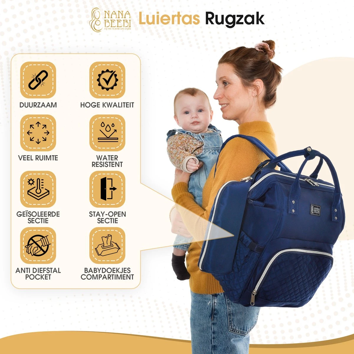 NanaBeebi Luiertas - Rugzak - Met Isoleervak - Blauw- Inclusief Flessenwarmhouder En Kinderwagenhaken 8 NanaBeebi Luiertas - Rugzak - Met Isoleervak - Blauw- Inclusief Flessenwarmhouder En Kinderwagenhaken - Afbeelding 6