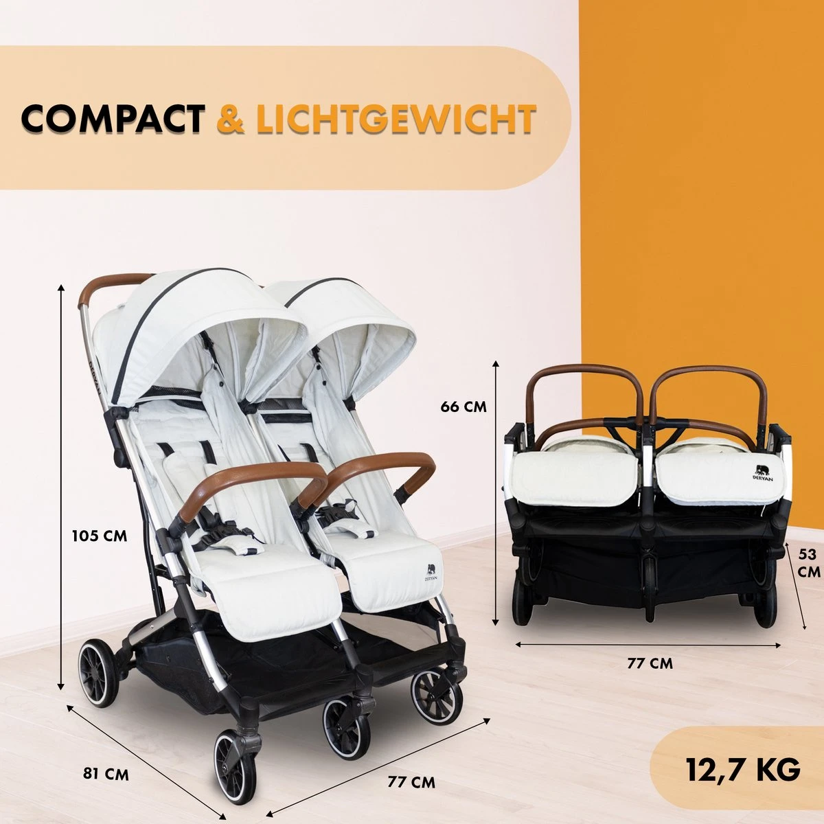Deryan Luxe Rolo X2 Dubbele Buggy - Duo Buggy - Creme 11 Deryan Luxe Rolo X2 Dubbele Buggy - Duo Buggy - Creme - Afbeelding 9