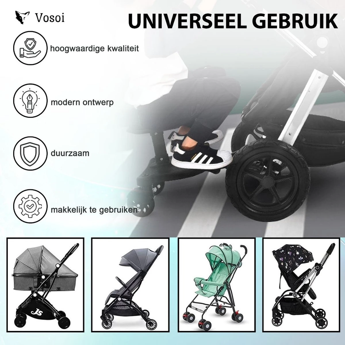 Vosoi - Meerijdplankje - Kinderwagen - Buggy's - Onderweg - Universeel - Verstelbaar - Zitje - Onderweg - 2 Wielen - Kinderwagen Accessoires 4 Vosoi - Meerijdplankje - Kinderwagen - Buggy's - Onderweg - Universeel - Verstelbaar - Zitje - Onderweg - 2 Wielen - Kinderwagen Accessoires - Afbeelding 2