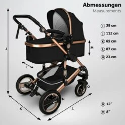 KIDUKU- 3 In 1 Combi-kinderwagen- Zwart/goud- Buggy Incl. Autostoeltje-regenhoes- Inklapbaar -Babyproducten 1200x1200 896