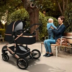 KIDUKU- 3 In 1 Combi-kinderwagen- Zwart/goud- Buggy Incl. Autostoeltje-regenhoes- Inklapbaar -Babyproducten 1200x1200 898