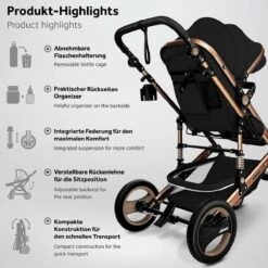 KIDUKU- 3 In 1 Combi-kinderwagen- Zwart/goud- Buggy Incl. Autostoeltje-regenhoes- Inklapbaar -Babyproducten 1200x1200 899