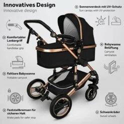 KIDUKU- 3 In 1 Combi-kinderwagen- Zwart/goud- Buggy Incl. Autostoeltje-regenhoes- Inklapbaar -Babyproducten 1200x1200 902