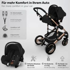KIDUKU- 3 In 1 Combi-kinderwagen- Zwart/goud- Buggy Incl. Autostoeltje-regenhoes- Inklapbaar -Babyproducten 1200x1200 903