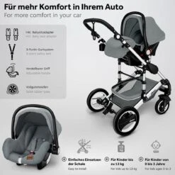 KIDUKU- 3 In 1 Combi-kinderwagen- Grijs/zilver- Buggy Incl. Autostoeltje-regenhoes- Inklapbaar -Babyproducten 1200x1200 922