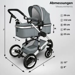 KIDUKU- 3 In 1 Combi-kinderwagen- Grijs/zilver- Buggy Incl. Autostoeltje-regenhoes- Inklapbaar -Babyproducten 1200x1200 925