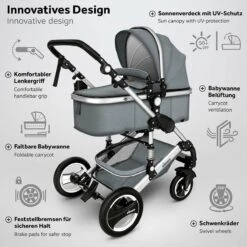 KIDUKU- 3 In 1 Combi-kinderwagen- Grijs/zilver- Buggy Incl. Autostoeltje-regenhoes- Inklapbaar -Babyproducten 1200x1200 928