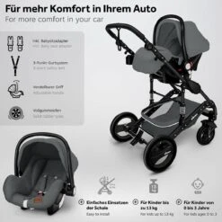 KIDUKU- 3 In 1 Combi-kinderwagen- Antraciet/zwart Buggy Incl. Autostoeltje-regenhoes- Inklapbaar -Babyproducten 1200x1200 980