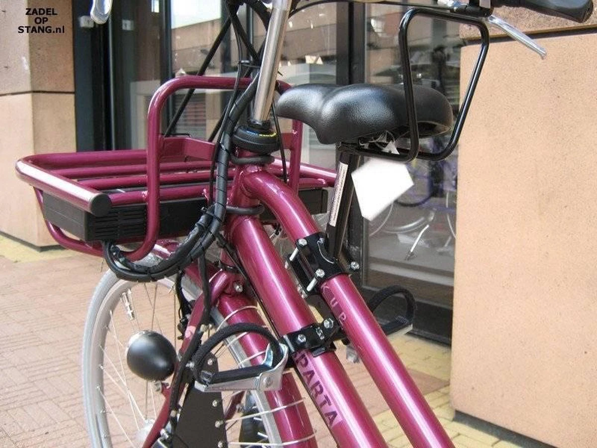 Zadel Op Stang Model 1 Kinderzitje Voor Damesfiets Met 2 Dunne Stangen - Nooit Meer Zwaar Sturen 7 Zadel Op Stang Model 1 Kinderzitje Voor Damesfiets Met 2 Dunne Stangen - Nooit Meer Zwaar Sturen - Afbeelding 5