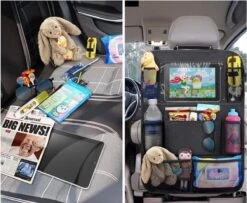 Merkloos Autostoel Organizer + Opvouwbare Mini Prullenbak Bundel - Musthave Voor Uw Autovakantie! - IPad/Tablet Houder - Opvouwbaar - Inklapbaar - Rugleuning - Auto Opbergsysteem - Kinderen - Waterafstotend - Prullenmand - Licht - Opberg - Universeel - Handig -Babyproducten 1200x986