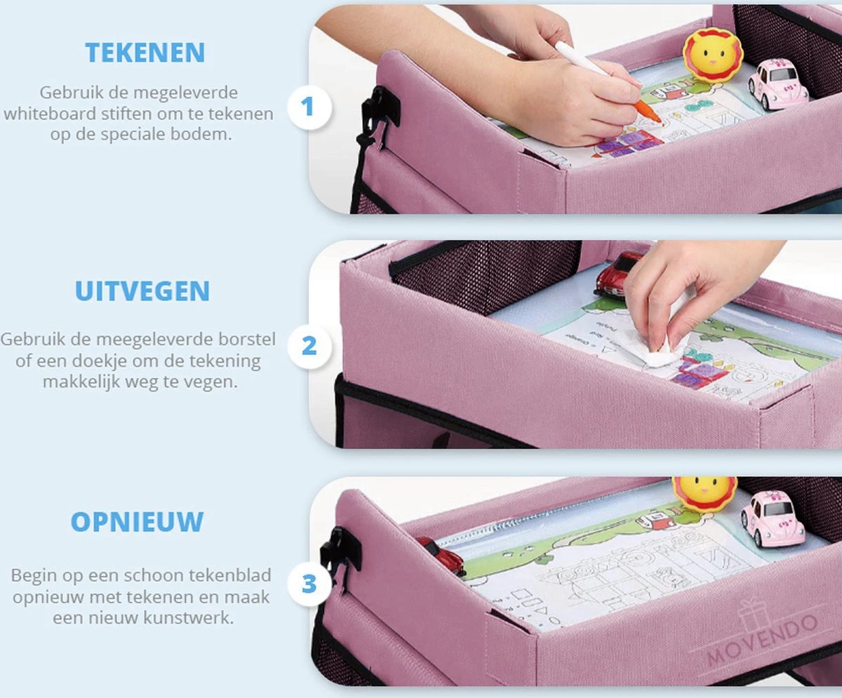 ‘’MOVENDO’’ Reistafel Voor Auto Kinderen – Autotafel – Speeltafel Auto – Travel Tray – Tekentafel – Opvouwbaar Met Tablethouder - Roze 5 ‘’MOVENDO’’ Reistafel Voor Auto Kinderen – Autotafel – Speeltafel Auto – Travel Tray – Tekentafel – Opvouwbaar Met Tablethouder - Roze - Afbeelding 3