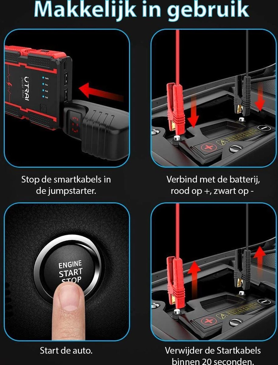 UTRAI - Jump Starter Auto - Batterij 13000mAh - 1000A - Smart-Clip Power Bank Met Batterij Detectie Voor 12V - Auto Booster Jumpstarter Mini 7 UTRAI - Jump Starter Auto - Batterij 13000mAh - 1000A - Smart-Clip Power Bank Met Batterij Detectie Voor 12V - Auto Booster Jumpstarter Mini - Afbeelding 5